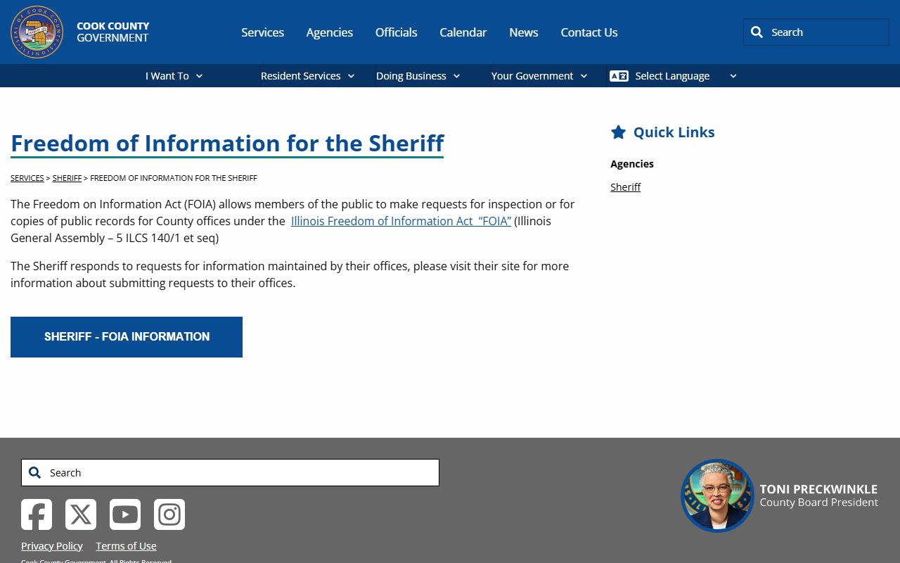 Cook County FOIA request page for Sheriff DUI arrest records in Cook County