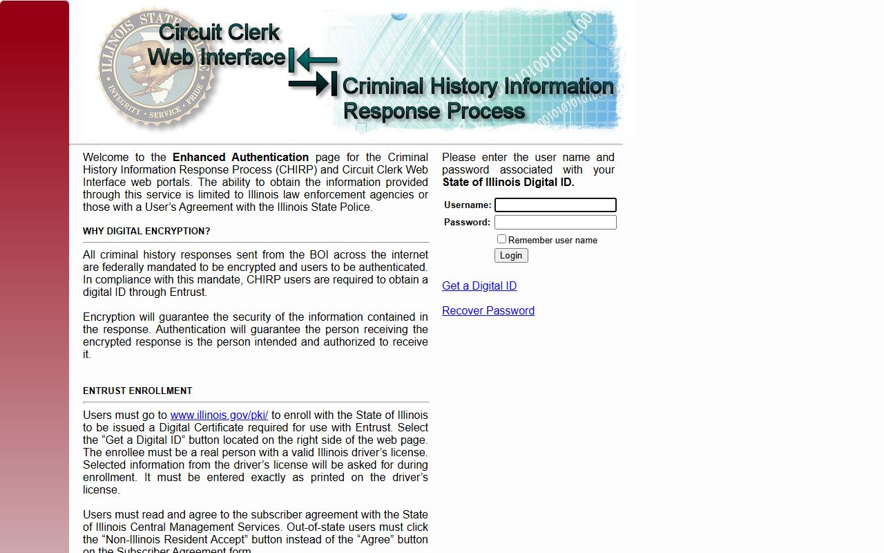 Illinois State Police CHIRP system login page for criminal history and DUI record searches