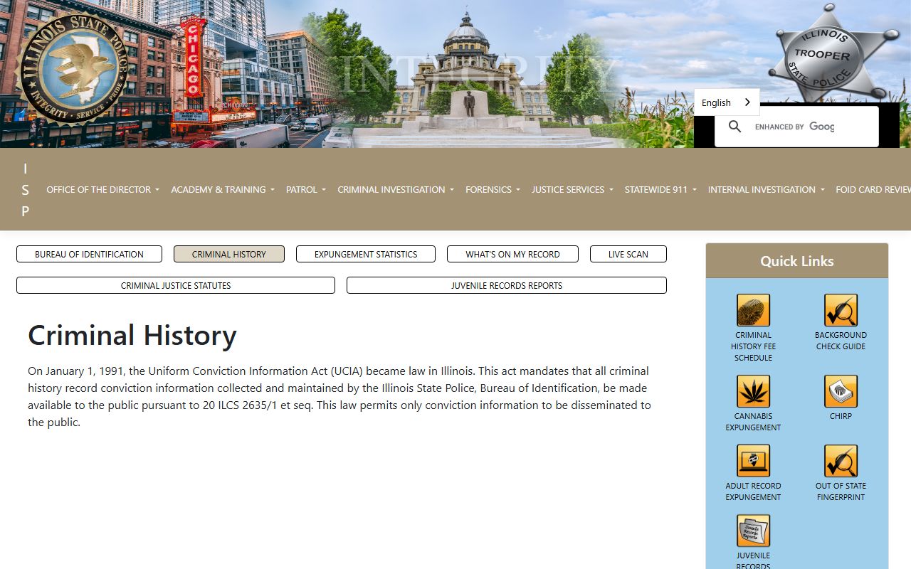 Illinois State Police criminal history records page for DUI record lookup